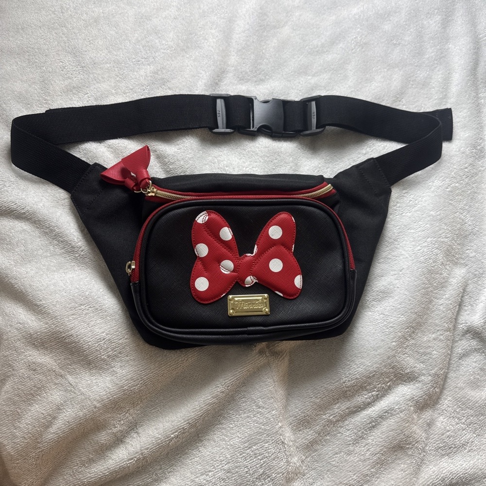 Disney Minnie Mouse Black/Red Small Fanny Pack Waist Bag w/ Polka Dot Bow